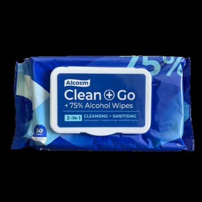 Alcosm Clean + Go 75% Alcohol Pads Wipes 50's (Single Pad)