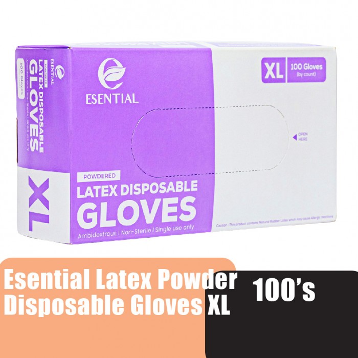 ESENTIAL Latex Powder Disposable Gloves 100's -XL size /sarung tangan getah/一次性手套