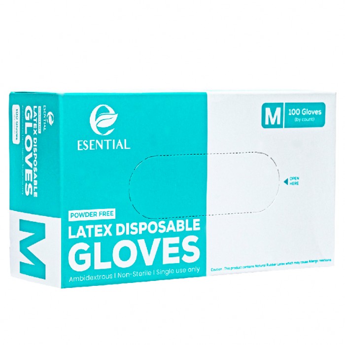 ESENTIAL Latex Powder Free Disposable Gloves 100's -M size /sarung tangan getah/一次性手套