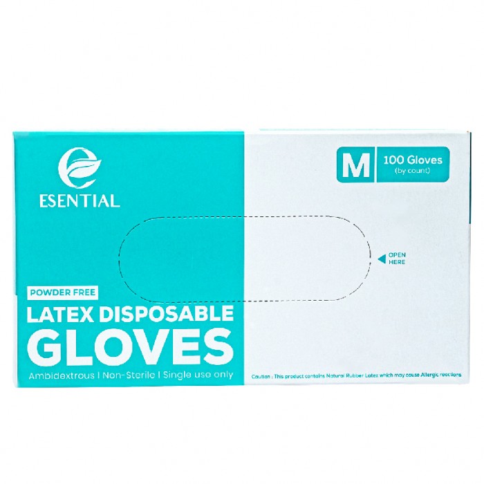 ESENTIAL Latex Powder Free Disposable Gloves 100's -M size /sarung tangan getah/一次性手套