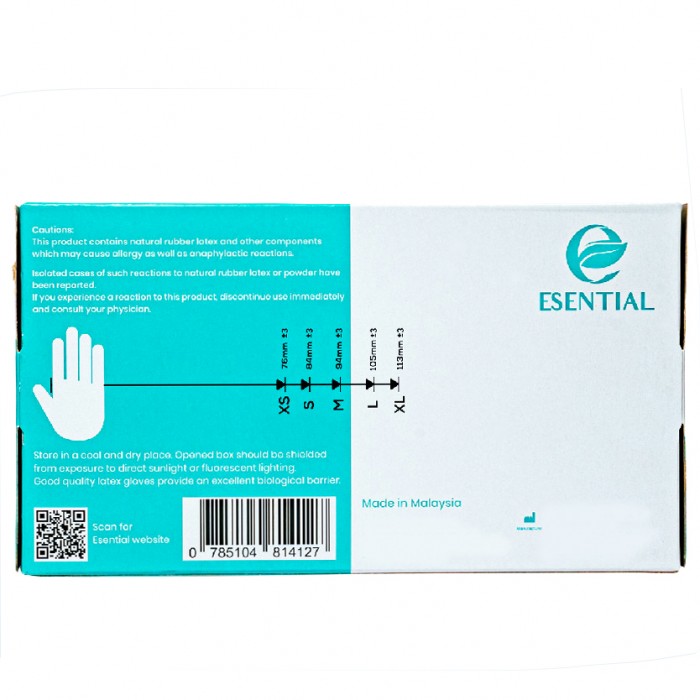 ESENTIAL Latex Powder Free Disposable Gloves 100's -M size /sarung tangan getah/一次性手套