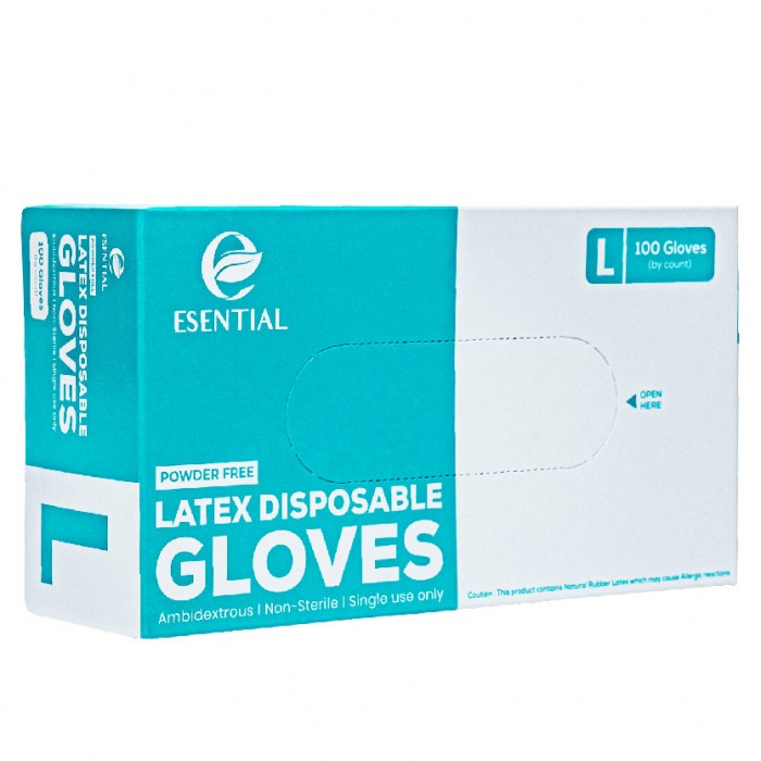 ESENTIAL Latex Powder Free Disposable Gloves 100's -L size /sarung tangan getah/一次性手套