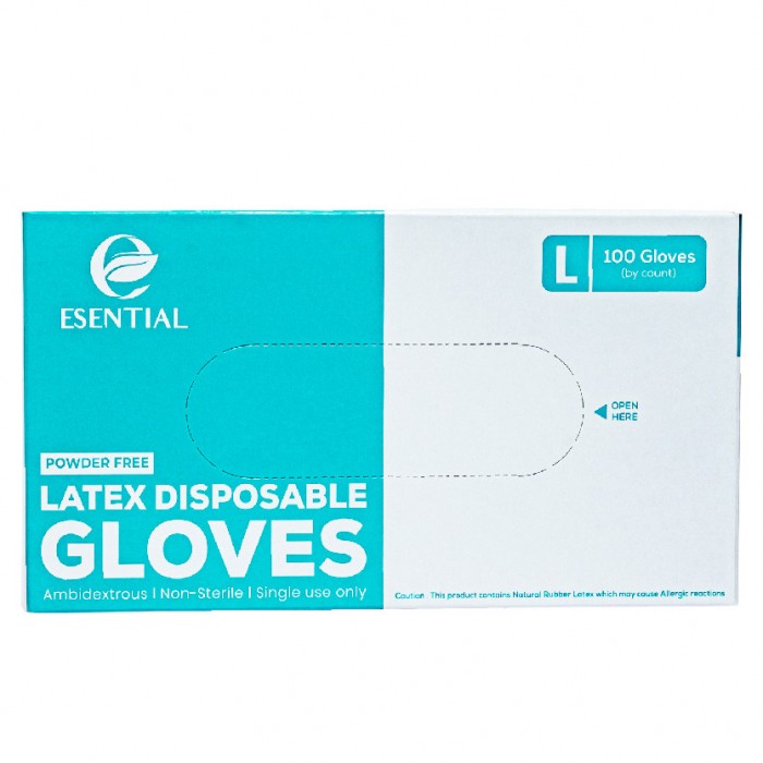 ESENTIAL Latex Powder Free Disposable Gloves 100's -L size /sarung tangan getah/一次性手套