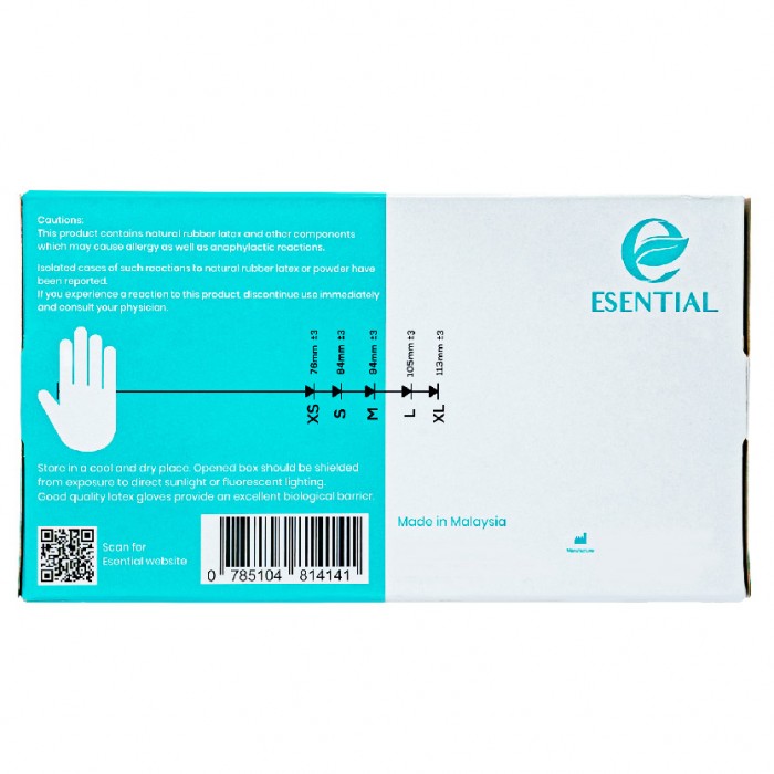 ESENTIAL Latex Powder Free Disposable Gloves 100's -XL size /sarung tangan getah/一次性手套