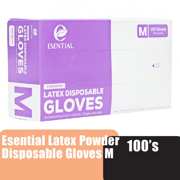 ESENTIAL Latex Powder Disposable Gloves 100's -M size /sarung tangan getah/一次性手套