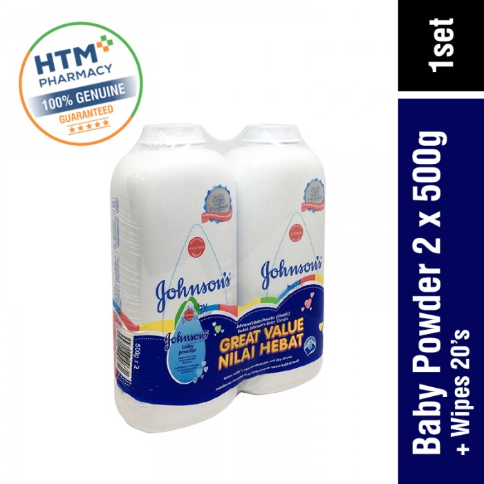 JOHNSONS BABY POWDER 2 X 500G + WIPES 20'S