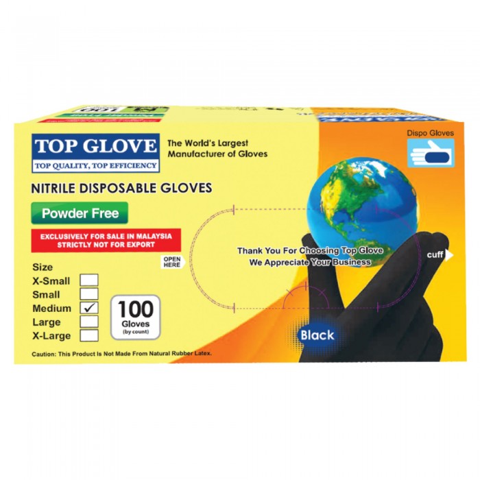 TOP GLOVE NITRILE CHLORINATED PF GLOVES (BLACK) 100'S - M