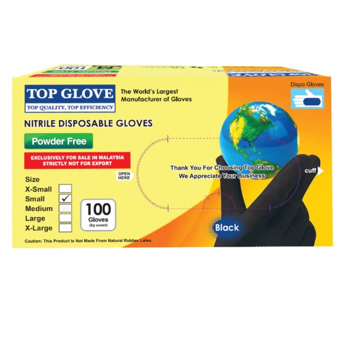 TOP GLOVE NITRILE CHLORINATED PF GLOVES (BLACK) 100'S - S