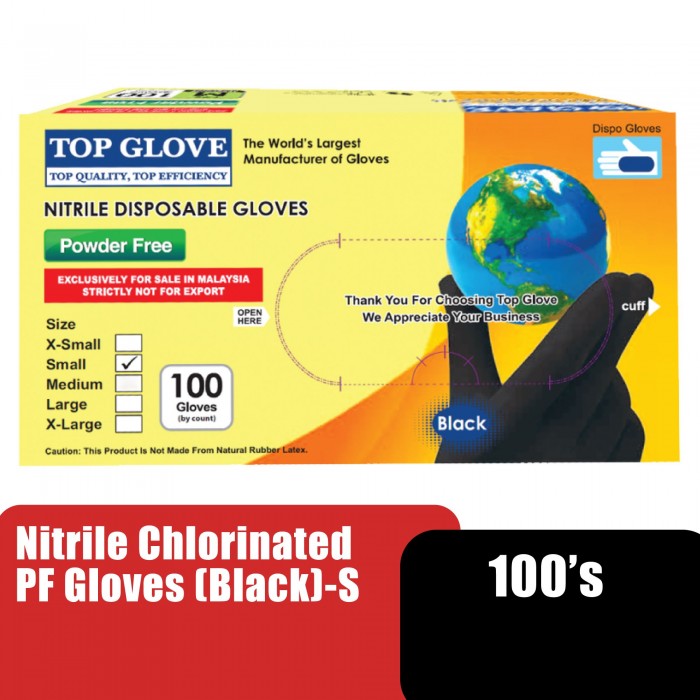 TOP GLOVE NITRILE CHLORINATED PF GLOVES (BLACK) 100'S - S