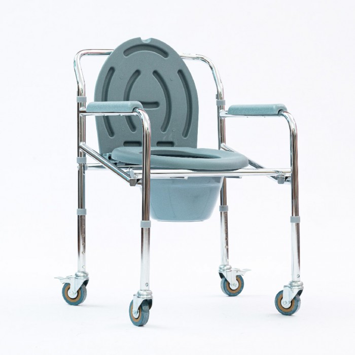 Maxwell Chromed Steel Foldable Commode Chair ( DY026965) Height Adjustable Potty Toilet Seat - With Wheel