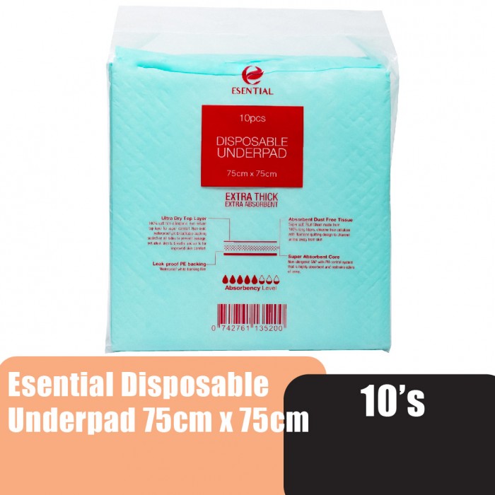 ESENTIAL Disposable Underpad For Adult 75cm x 75cm 10's / Leak proof absorbent pad 隔尿垫,床垫 ,月經墊