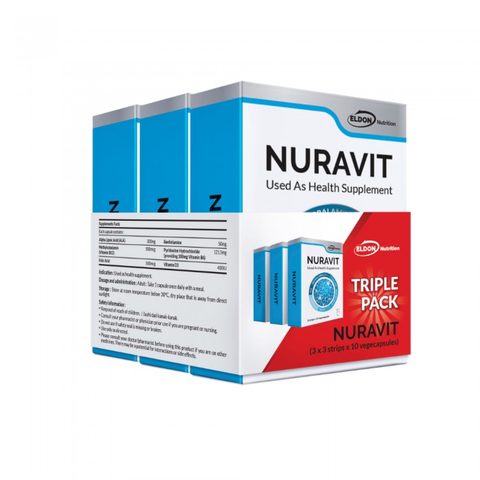 Eldon Nutrition Nuravit with Vitamin B1 Nerve supplement 3x30's for pain relief (suitable for diabetic & vegetarian)