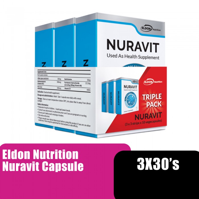 Eldon Nutrition Nuravit with Vitamin B1 Nerve supplement 3x30's for pain relief (suitable for diabetic & vegetarian)