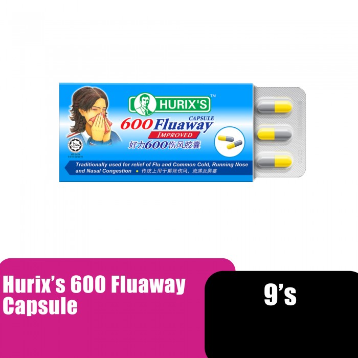 Hurix's 600 Fluaway Capsule for Flu, Nasal Congestion Relief, Cough, (Ubat Selsema) 感冒药 - 9's