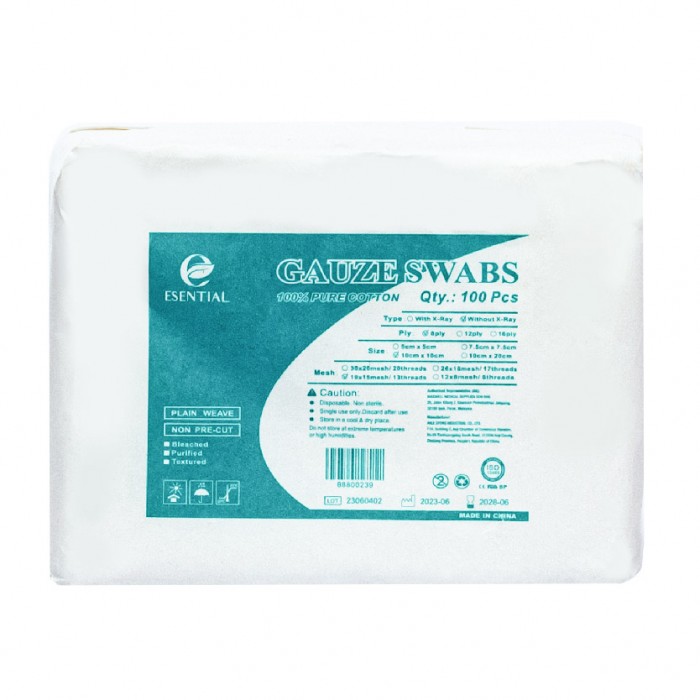 ESENTIAL Disposable Pure Cotton Gauze Swabs 100's 10cm x10cm -Plaster Gauze for wound dressing /非无菌纱布