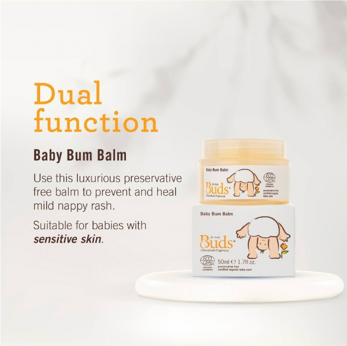 Buds Cherished Oragnic Vitamin E Baby Bum Balm 50ml with jojoba oil,sunflower oil& shea butter - ( For Soothing)